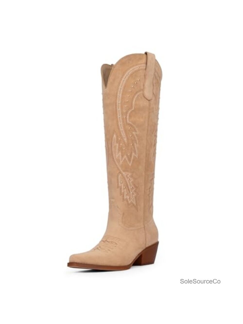Knee High Cowboy Boots Western Embroidered Pointed Toe Slip On Block Heel